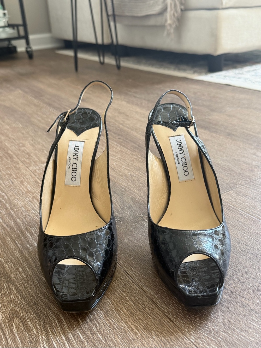 Jimmy Choo Black Croc-Embossed Peep-Toe Slingback Heels